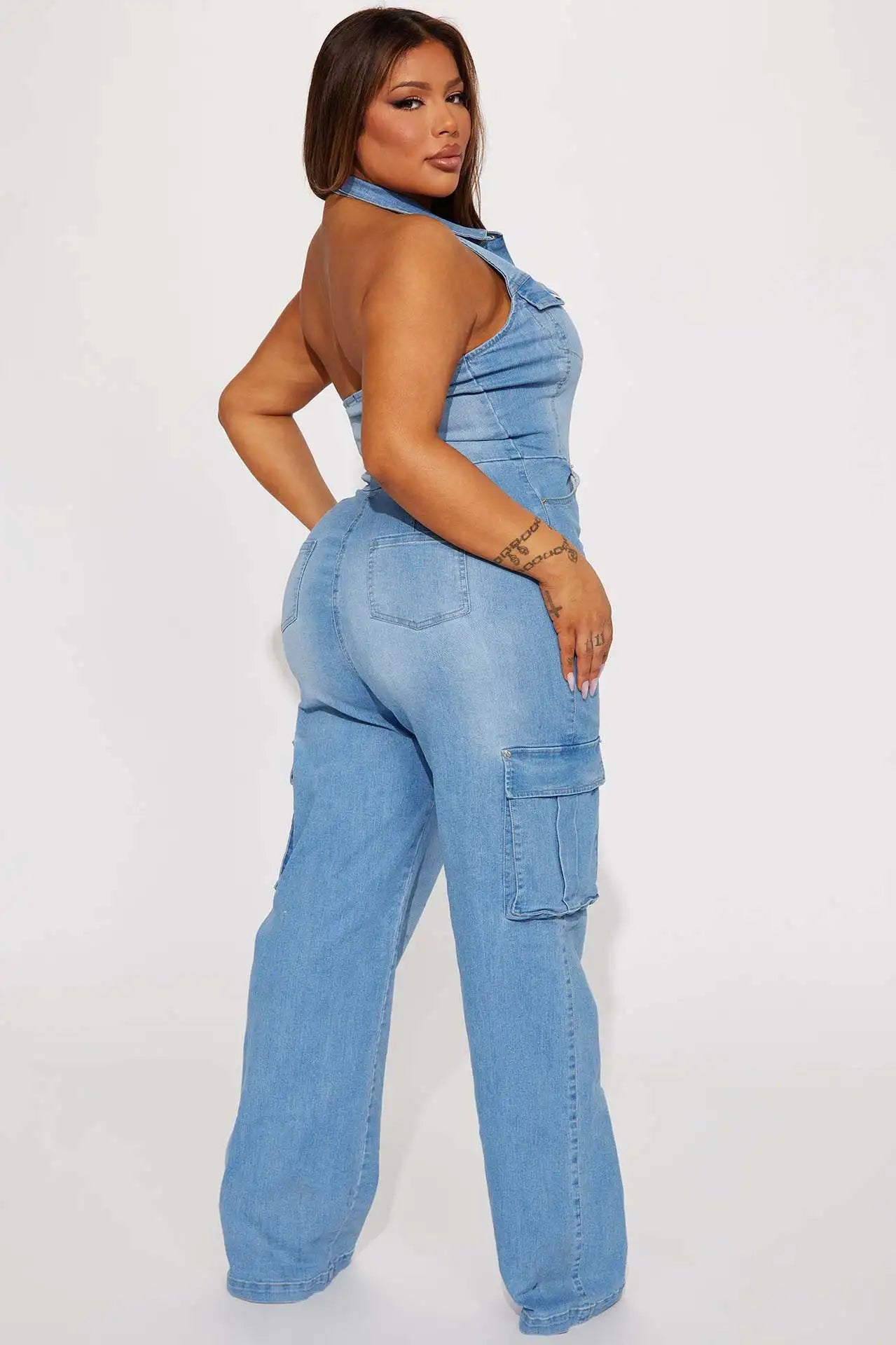 Women's Fashion Washed Denim Jumpsuit New Summer High Waist Street Workwear with Sexy Backless Lapel for Yoga Spring Occasions
