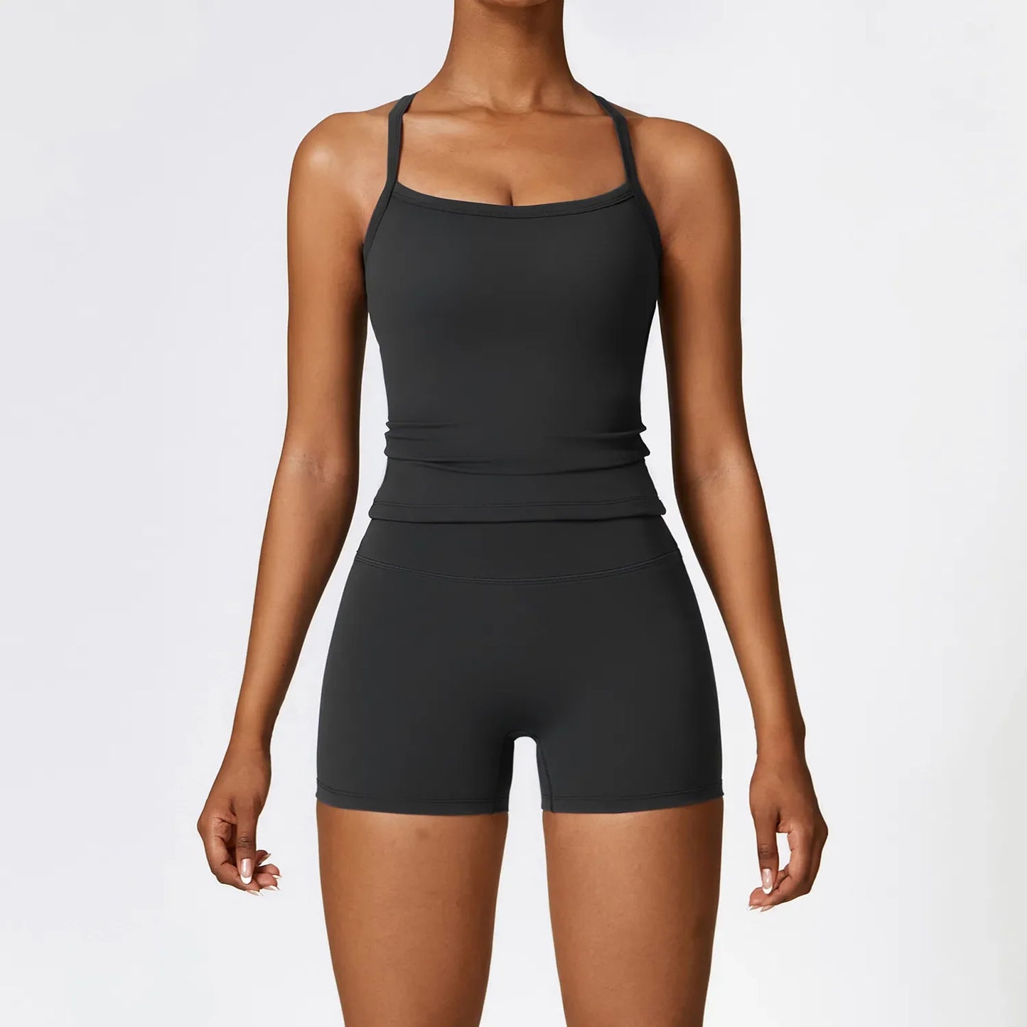 Women Yoga Two-Piece Set Short Running Tank Top+ Pant Solid Color Sports Bra With Fitness alosetisnessitys