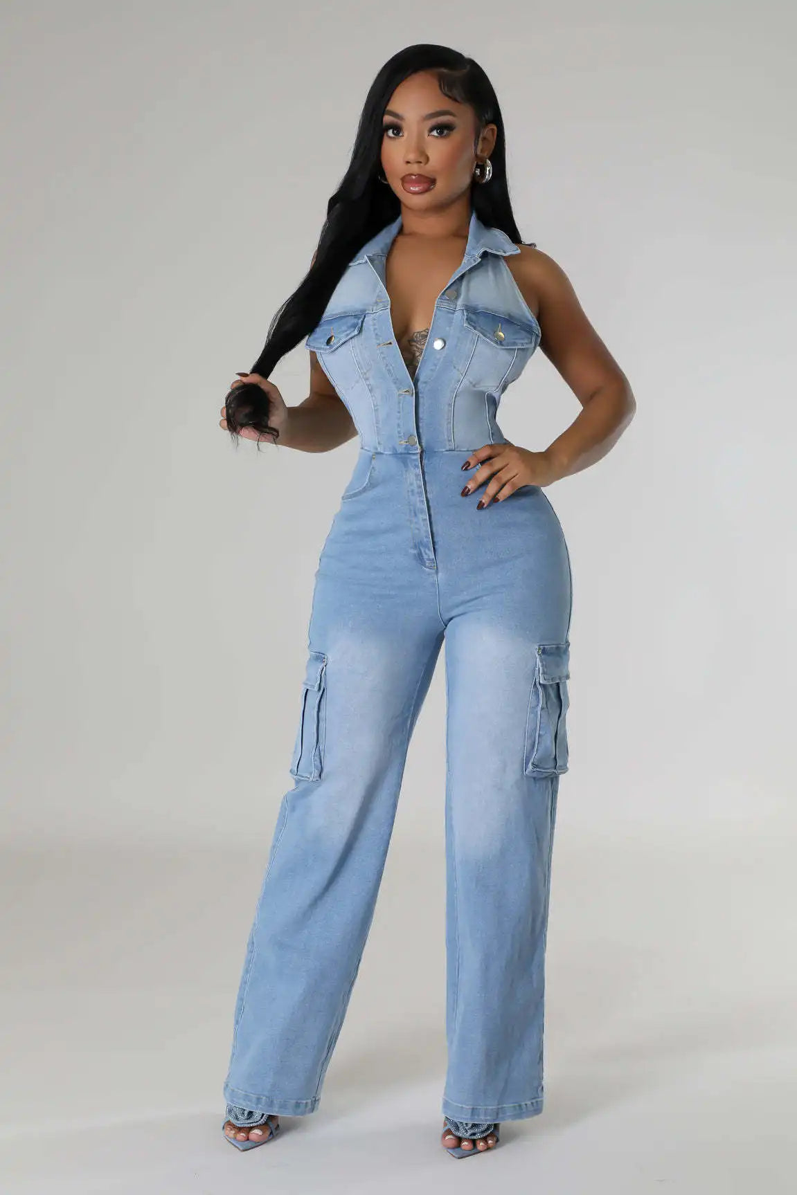 Women's Fashion Washed Denim Jumpsuit New Summer High Waist Street Workwear with Sexy Backless Lapel for Yoga Spring Occasions