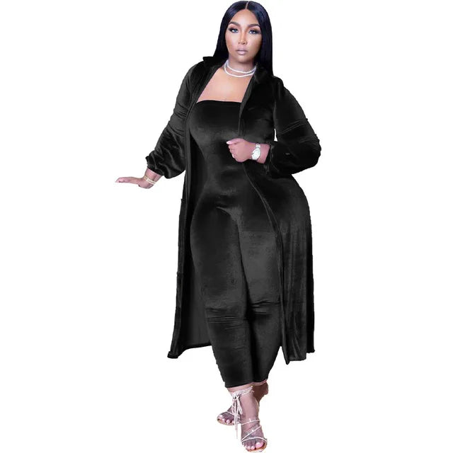 Casual Women Jumpsuit Two Piece Set Velvet Jumpsuit + Long Coat Solid Color Tracksuit Playsuit Set Clothes for Women Outfit