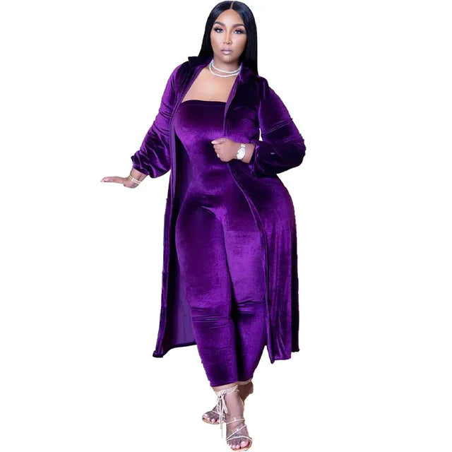 Casual Women Jumpsuit Two Piece Set Velvet Jumpsuit + Long Coat Solid Color Tracksuit Playsuit Set Clothes for Women Outfit