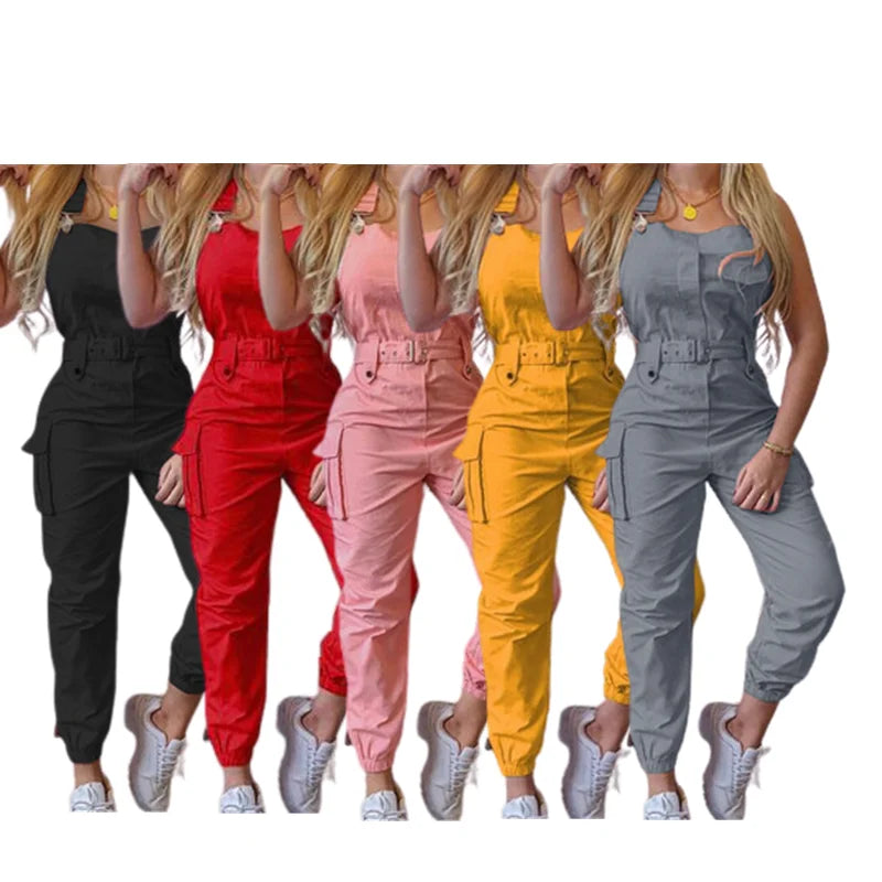 Women's Summer Loose Jumpsuit with Halter Collar Casual Workout Playsuits with Solid Pockets Cargo Pants and Long Rompers
