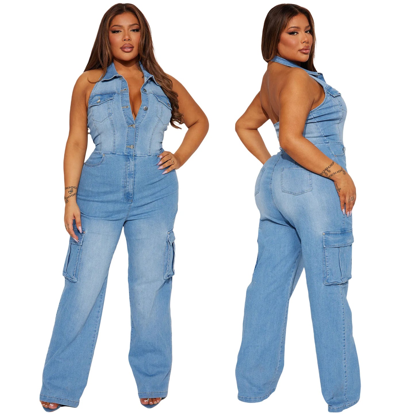 Women's Fashion Washed Denim Jumpsuit New Summer High Waist Street Workwear with Sexy Backless Lapel for Yoga Spring Occasions