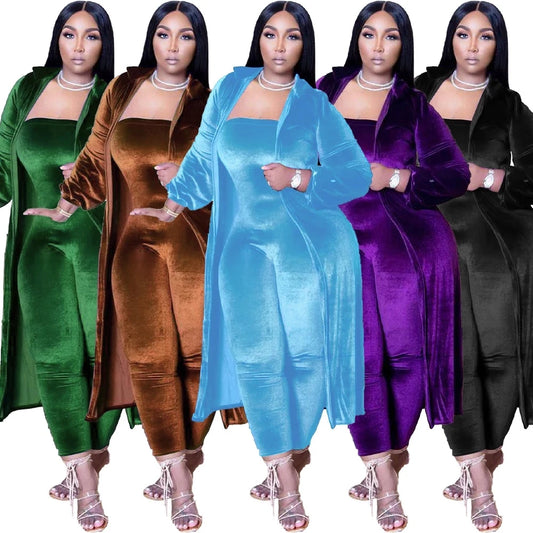 Casual Women Jumpsuit Two Piece Set Velvet Jumpsuit + Long Coat Solid Color Tracksuit Playsuit Set Clothes for Women Outfit