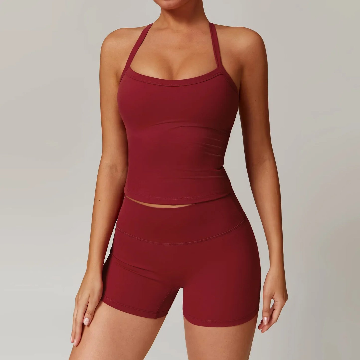 Women Yoga Two-Piece Set Short Running Tank Top+ Pant Solid Color Sports Bra With Fitness alosetisnessitys