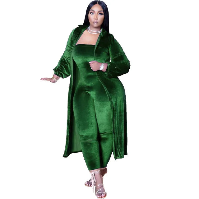 Casual Women Jumpsuit Two Piece Set Velvet Jumpsuit + Long Coat Solid Color Tracksuit Playsuit Set Clothes for Women Outfit