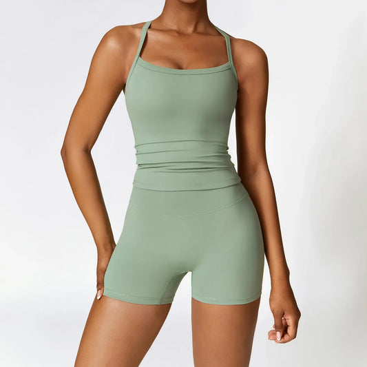 Women Yoga Two-Piece Set Short Running Tank Top+ Pant Solid Color Sports Bra With Fitness alosetisnessitys
