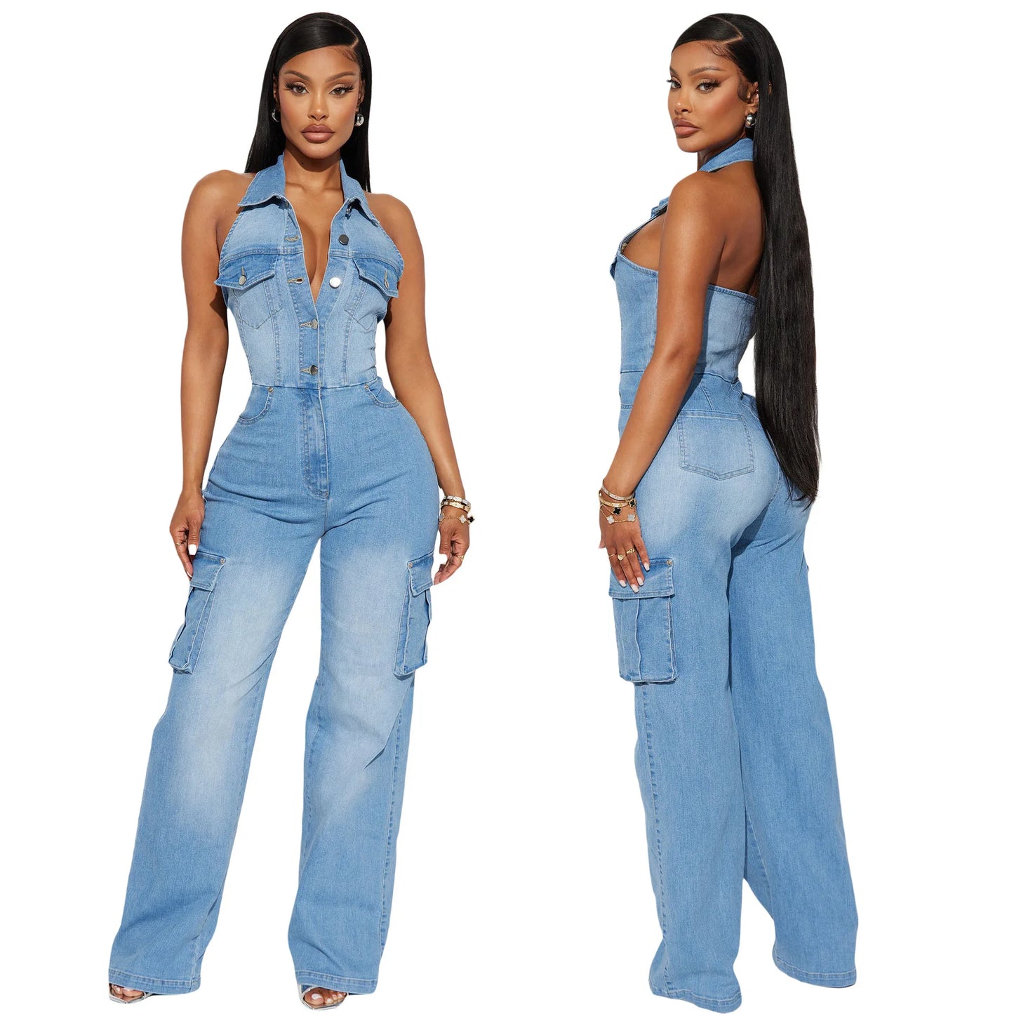 Women's Fashion Washed Denim Jumpsuit New Summer High Waist Street Workwear with Sexy Backless Lapel for Yoga Spring Occasions