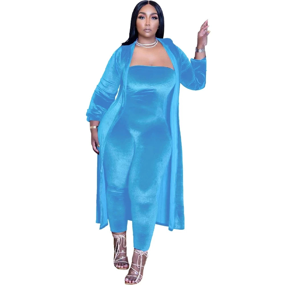 Casual Women Jumpsuit Two Piece Set Velvet Jumpsuit + Long Coat Solid Color Tracksuit Playsuit Set Clothes for Women Outfit