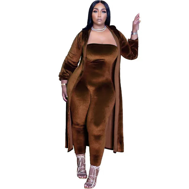 Casual Women Jumpsuit Two Piece Set Velvet Jumpsuit + Long Coat Solid Color Tracksuit Playsuit Set Clothes for Women Outfit