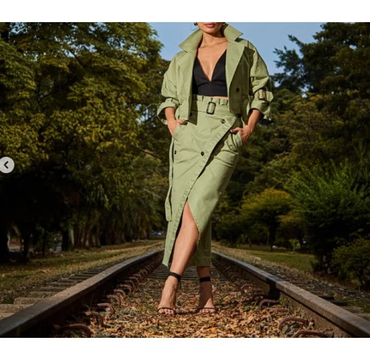 Skirt Two Piece Set Woman 2024 Autumn New Fashion Versatile Casual Workwear Temperament Button Belt Y2k Dress Suit for Female