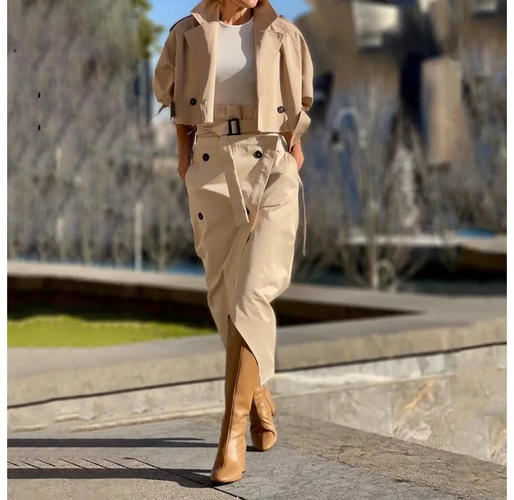 Skirt Two Piece Set Woman 2024 Autumn New Fashion Versatile Casual Workwear Temperament Button Belt Y2k Dress Suit for Female