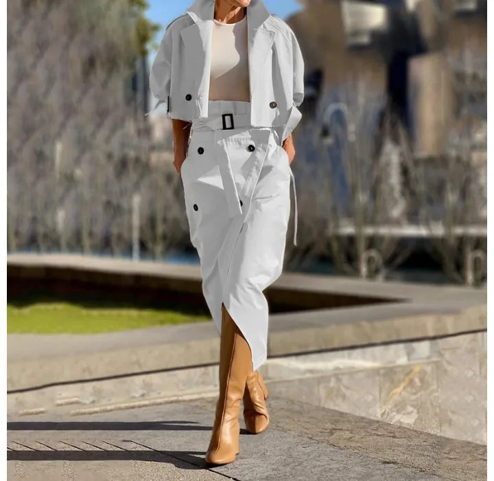 Skirt Two Piece Set Woman 2024 Autumn New Fashion Versatile Casual Workwear Temperament Button Belt Y2k Dress Suit for Female