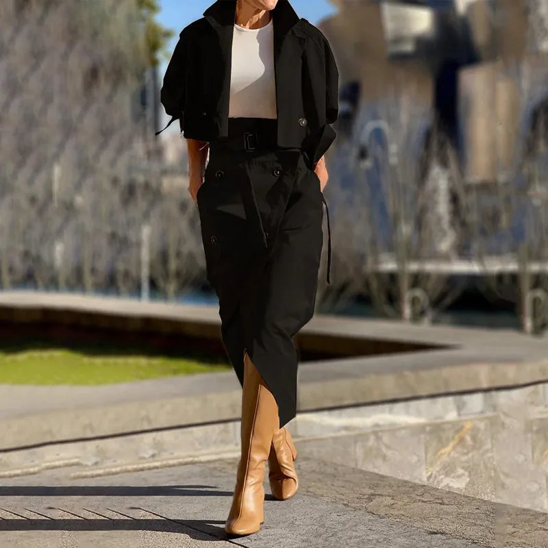 Skirt Two Piece Set Woman 2024 Autumn New Fashion Versatile Casual Workwear Temperament Button Belt Y2k Dress Suit for Female