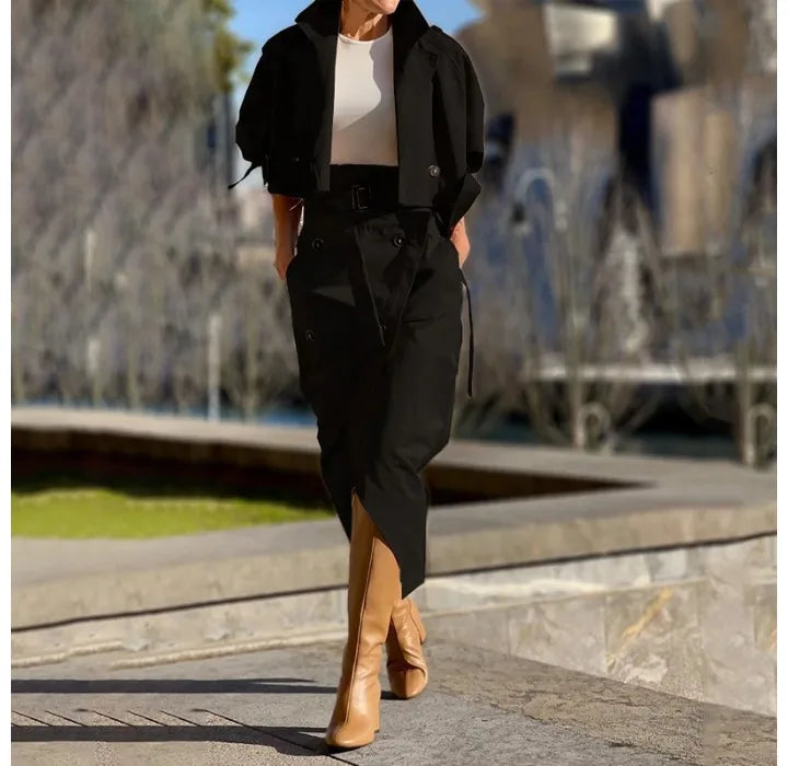 Skirt Two Piece Set Woman 2024 Autumn New Fashion Versatile Casual Workwear Temperament Button Belt Y2k Dress Suit for Female